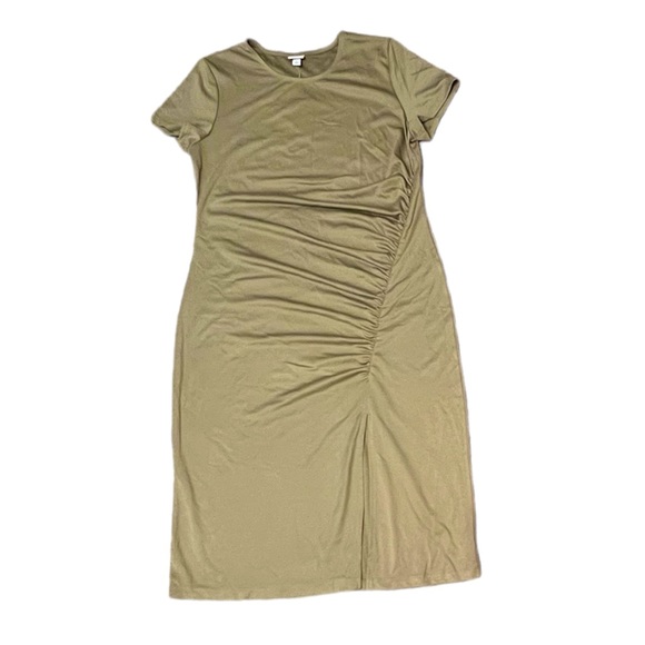 NWT A New Day Olive Green Short Sleeve Side Ruched Knit Midi Dress XL Side Slit - Picture 1 of 9